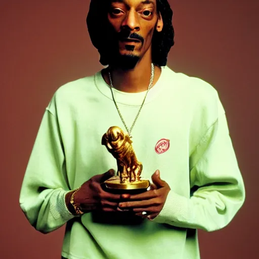 Prompt: Snoop Dogg holding a small statue of Snoop Dogg for a 1990s sitcom tv show, Studio Photograph, portrait, C 12.0