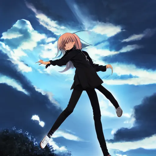 Image similar to 1 7 - year - old pale - skinned anime girl with black long bob cut, long bangs, black gothic jacket, black jeans, flying through sky, jumping through clouds, late evening, blue hour, cirrus clouds, pearly sky, ultra - realistic, sharp details, subsurface scattering, blue sunshine, intricate details, hd anime, 2 0 1 9 anime