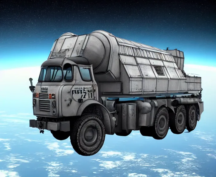 Image similar to russian truck zil - 1 3 0 fly in space in orbit of the planet earth, hyper detailed, hight detailed, futuristic, ultra realistic, cyberpunk, steampunk, no blur, 8 k
