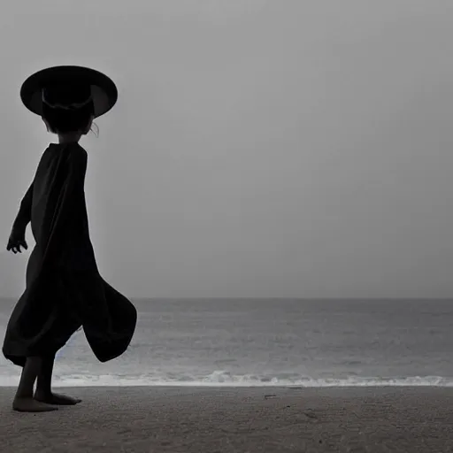 Image similar to A creature 5 meters tall, in a black chiffon layered robe, in a fancy hat and a little girl look into the distance on the seashore,style of Hiroshi Sugimoto::atmospheric illustration