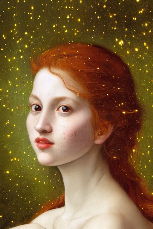 Prompt: portrait of happy a young woman, among the lights of golden fireflies and nature, long loose red hair, intricate details, bright green eyes, freckles on the nose, round gentle face, intricate dress, golden ratio, hyper realistic digital art by artemisia lomi gentileschi and caravaggio, gaston bussiere and tomacz alen kopera.