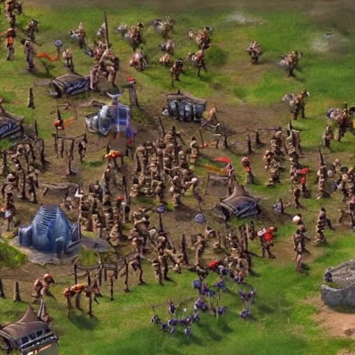 Image similar to a group of giant minions standing near a Town Center in the game Age of Empires