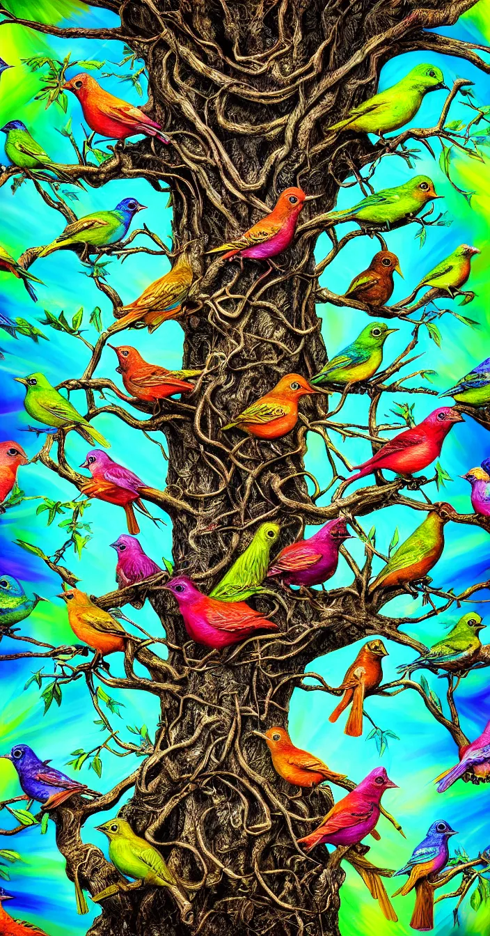 Prompt: realistic photo of too many small psychedelic birds sitting on big tree, very sharp focus, dark background, in the style of greg rutswoski, very hyper realistic, highly detailed, fantasy art station