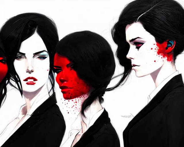 Image similar to a ultradetailed portrait painting of three women in black suits, by conrad roset, greg rutkowski and makoto shinkai trending on artstation