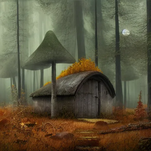 Image similar to an old broken hut in an autumn forest, huge tall mushrooms around it, green and brown tones, by Aron Wiesenfeld and beksincki, cinematic, detailed illustration, nature, fog, dark colors, suspense, intricate, 8k