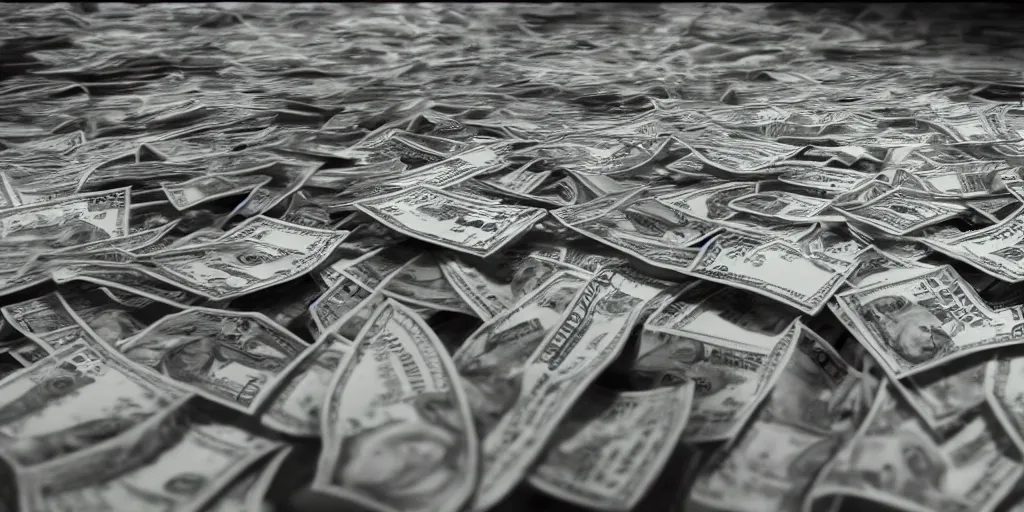 Image similar to a film still of cash money piling up in a vault, shallow depth of field, cinematic, award winning cgi, vfx, film still cfg _ scale : 2 4. 0