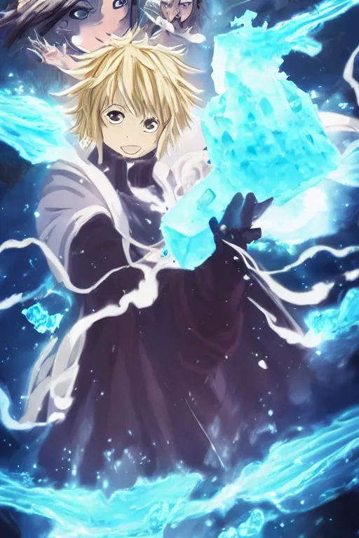 Image similar to cover art of mage summoning a ice golem, ufotable anime style, epic background