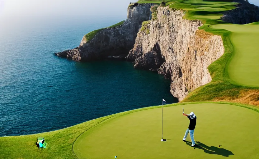 Prompt: a great photograph of the most amazing golf hole in the world, incredible light, cliffs by the sea, perfect green fairway, human perspective, ambient light, 5 0 mm, golf digest, top 1 0 0, fog