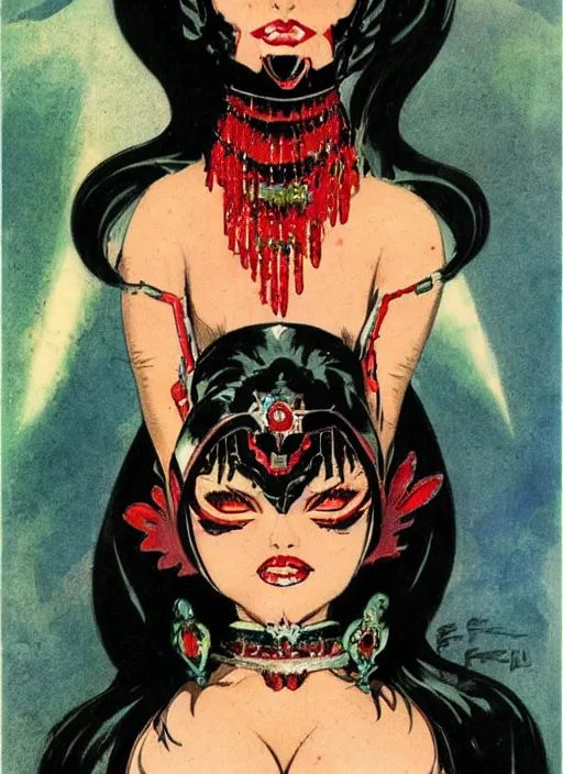 Image similar to mighty female korean vampiress, jeweled headdress, heavy mascara, strong line, saturated color, beautiful! coherent! by frank frazetta, high contrast, minimalism