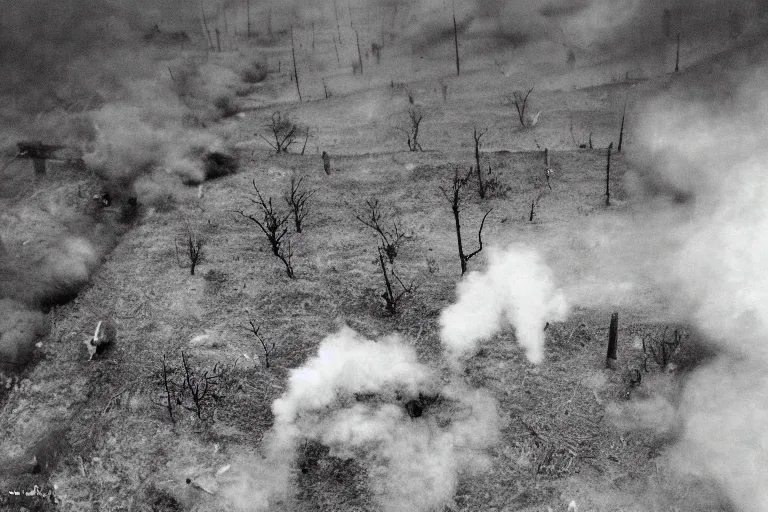 Prompt: world war 1 trench battle, puffs of smoke, aerial view, long visible trenches, high res, 120 black and white film