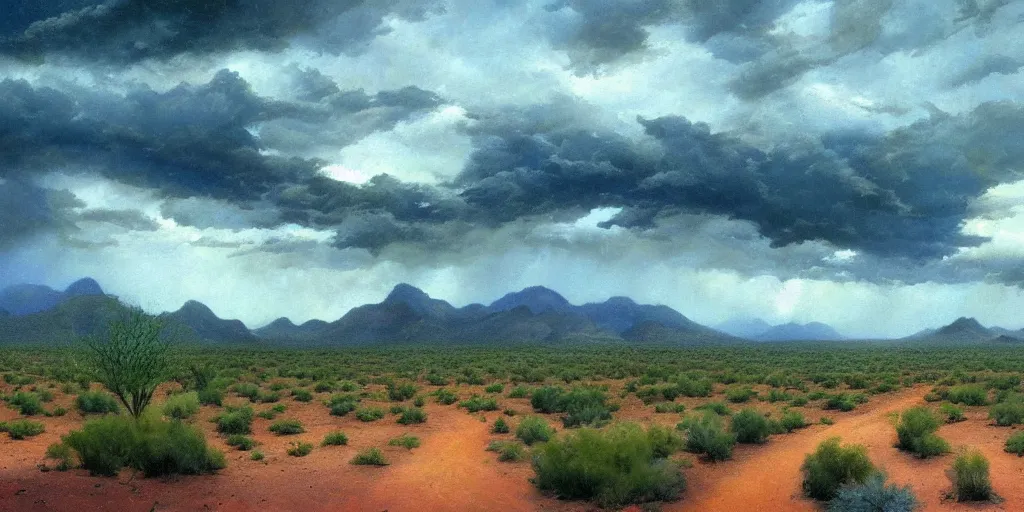 Prompt: a stormy monsoon rainstorm in the arizona desert, the landscape is mostly green with lots of mesquite trees and bushes, puddles, beautiful cloudy deep blue sky, by georgia o'keeffe and thomas kinkade and quentin mabille and geoffroy thoorens, trending on artstation