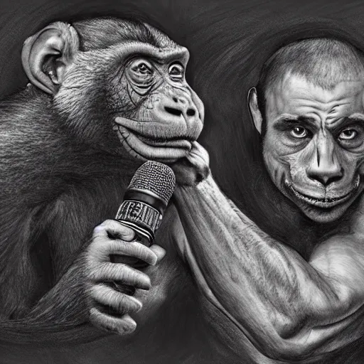 Image similar to Chimera of Joe Rogan and a monkey talking into a microphone, single subject, portrait, intricate, highly detailed, concept art, smooth, sharp focus