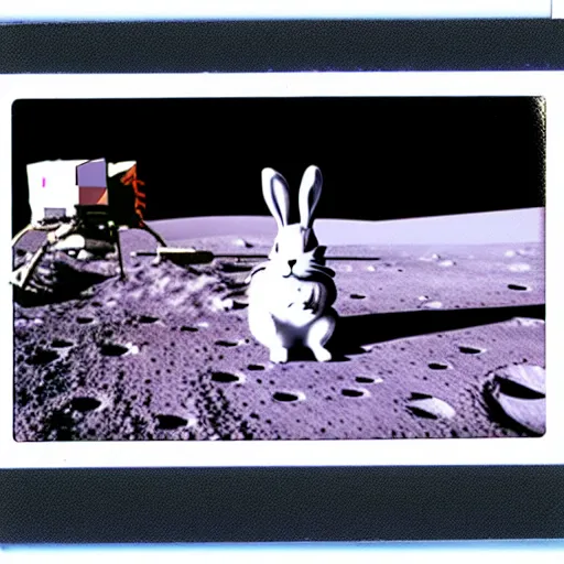 Image similar to wide shot, Polaroid photo of a bunny on the moon, high contrast, 8k, realistic, rich colors