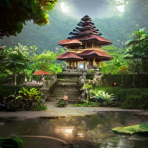 Image similar to A beautiful, perfect, impressive, amazing concept art digital CG painting of a place in Bali, trending on ArtStation, Unreal Engine