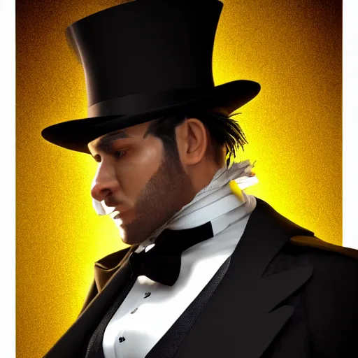 Image similar to a highly detailed portrait of a man in a high top hat covering his face, in a black tailcoat with a yellow waistcoat under the tailcoat, artstation, deviantart, professional, unreal engine 5, photorealistic