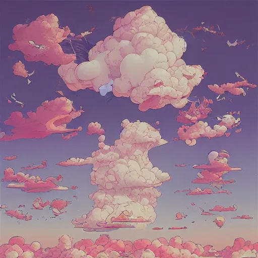 Prompt: crossing through the sky with fluffy pink clouds surrounding it, album art by James Jean