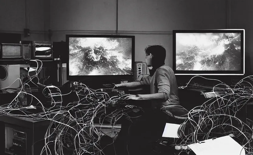 Image similar to “A room full of electronic equipment with wires and tv screens and audio meters and voltage meters. Man is sitting in front of a computer monitor and watching a bright explosion and fire and smoke coming out of the monitor. Dark, intricate, highly detailed, smooth, in style of Mike Savad”