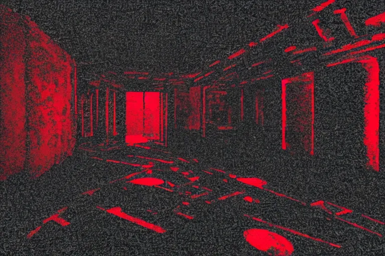 Image similar to cctv footage of an extremely dark empty room with evil horror humanoid cryptid monster made out of static, dark deep black shadows, crimson red and black color contrast in the style of trevor henderson and james ensor goya, liminal space, 3 d render, glitch effect