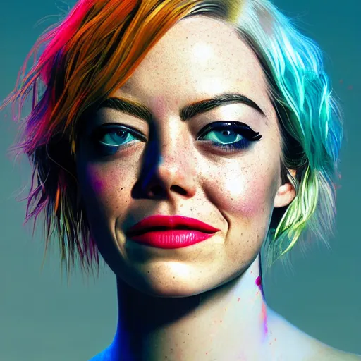 Image similar to portrait of emma stone made out of exploding paint, punk rock women, short blond hair, octane render, highly detailed, realistic, beautiful, splashes of neon, comic book art