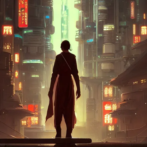 Image similar to Jedi in future japan at night, concept art, fine details, studio ghibli, cinematic lighting, ghost-in-the-shell, cyberpunk,sci-fi, fantasy, intricate, elegant, highly detailed, digital painting, trending on artstation, concept art, smooth, sharp focus, illustration, by james gurney and greg rutkowski