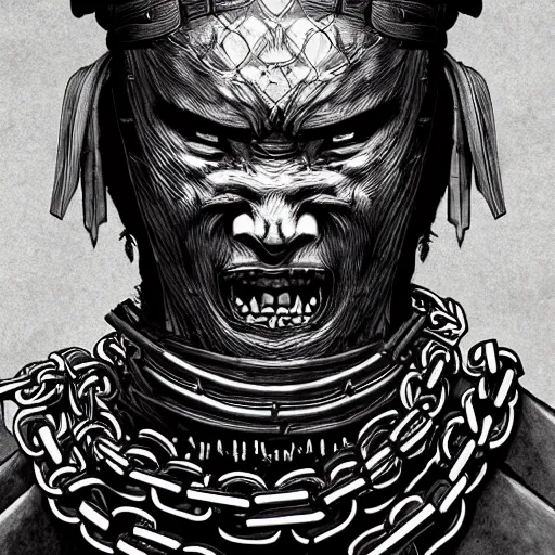 Prompt: samurai wraped in chains, art inkstyle artstation higly detailed horror cinematic