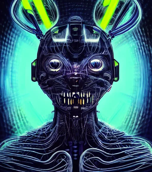 Prompt: humanoid cat cyborg with outstretched head, cartoon soft fluorescent fluffy eyes, translucent neon skin, mix styles of tsutomu nihei, video game art, battle scene, zdzisław beksinski and giger, in full growth, no blur