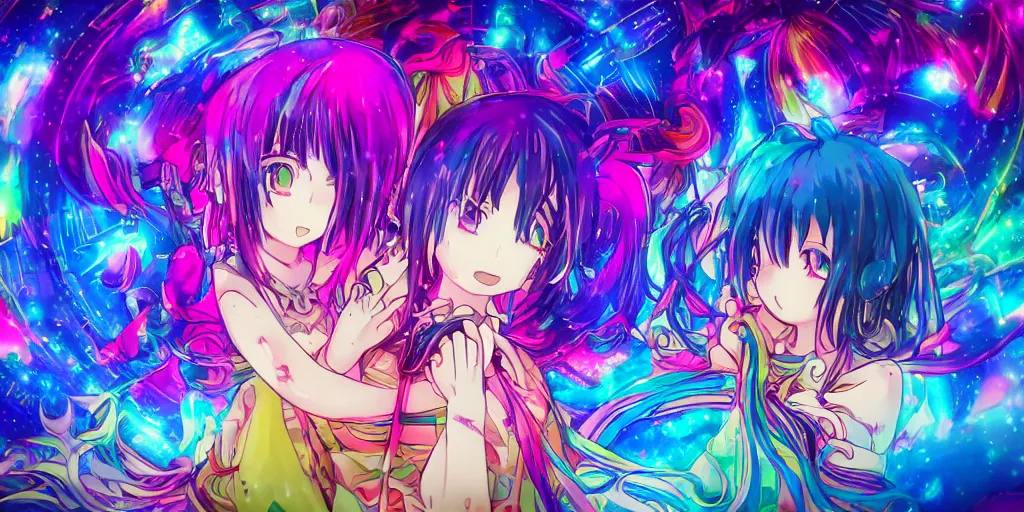 Prompt: Dreamy psychedelic anime, extremely colorful, geometric, Madoka witch labyrinth, patchwork, photoshop, HDR, 4k, 8k, abstract, two anime girls standing within two raging colorful vortexes, detailed and cute faces on the anime girls, very cute and childlike, hugging, smiles and colors, floating feelings, stars as pupils, extremely detailed anime eyes