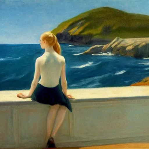 Image similar to painting of Elle Fanning looking at the ocean, by Edward Hopper