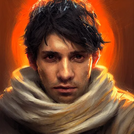 Image similar to portrait of a man by greg rutkowski, a young jedi night, arabian features, messy long black hair, wearing an orange flying jacket, star wars expanded universe, he is about 2 0 years old, highly detailed portrait, digital painting, artstation, concept art, smooth, sharp foccus ilustration, artstation hq