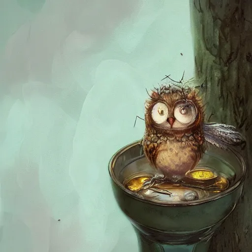 Prompt: long shot of a very cute owl chick nesting in a very romantique cup, by esao andrews, by james jean, marc simonetti, by victo ngai, humorous illustration, hyperrealistic, big depth of field, fresh colors, dim light, 3 d octane render conceptart, 4 k, hyperdetailed, trending on artstation