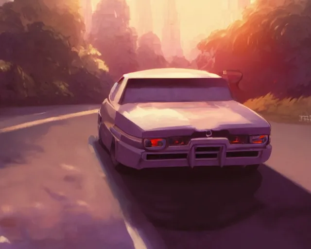 Prompt: a brunnete girl with blue eyes and puffy cheeks driving a car, close up shot from the back of the car, anime art, Greg Rutkowski, studio ghibli, dramatic lighting