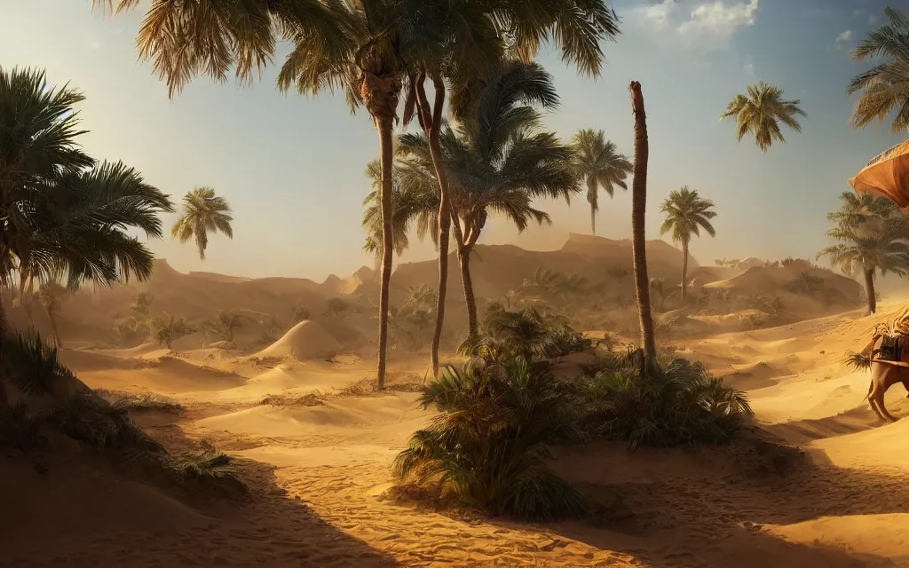 Prompt: arabian village, sand, lush vegetation, dune, sharp focus, wide shot, trending on artstation, masterpiece, by greg rutkowski, by ross tran, by fenghua zhong, octane, soft render, oil on canvas, colorful, cinematic, environmental concept art