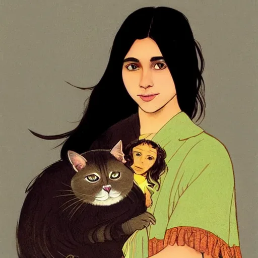 Prompt: cute emo peruvian woman, with long dark hair, thick eyebrows!!! dark eyes and dark circles!, wide nose!!!, big eyes, oval face shape, big cheeks!, she is holding a cat in her arms, by juan villafuerte, greg rutkowski and alphonse mucha, pexels contest winner, high quality photo, hd rtx