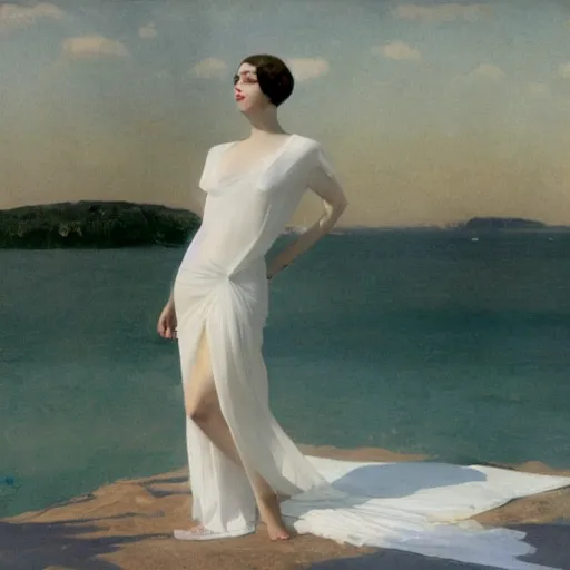 Image similar to a beautiful woman in an elegant see-thru white dress, wearing a black bikini underneath, 1920s, by Ilya Repin and WLOP, 8k octane render