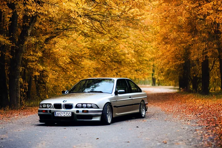 Image similar to A BMW e36 parked in a road with trees, autumn season, Epic photography, taken with a Leica camera, 50 mm, depth of field