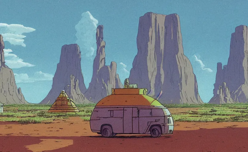 Image similar to a cell - shaded studio ghibli concept art from paprika ( 2 0 0 6 ) of a spaceship from close encounters of the third kind ( 1 9 7 7 ) in a lush temple that looks like monument valley stonehenge jungle. a caravan is in the foreground. very dull colors, portal, hd, 4 k, hq