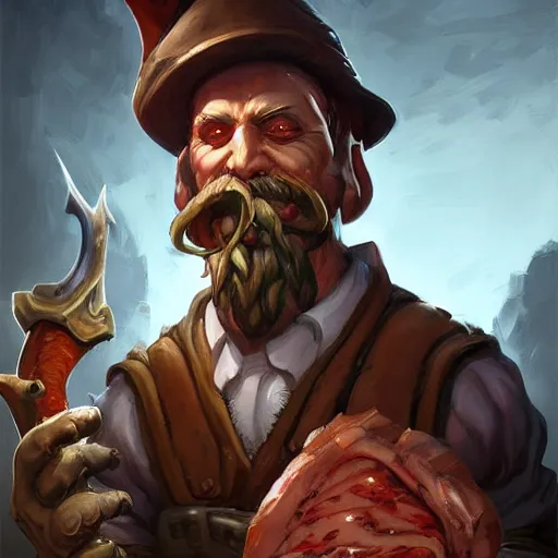 Prompt: Portrait of a butcher at his butcher shop in World of Warcraft, cover art, ultra wide lens shot, pretty, beautiful, DnD character art portrait, matte fantasy painting, DeviantArt Artstation, by Jason Felix by Steve Argyle by Tyler Jacobson by Peter Mohrbacher, cinematic lighting
