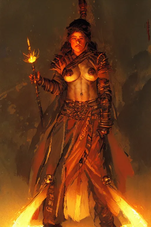 Image similar to female dwarven monk with a powerful soul fire staff portrait dnd, painting by gaston bussiere, craig mullins, greg rutkowski, yoji shinkawa