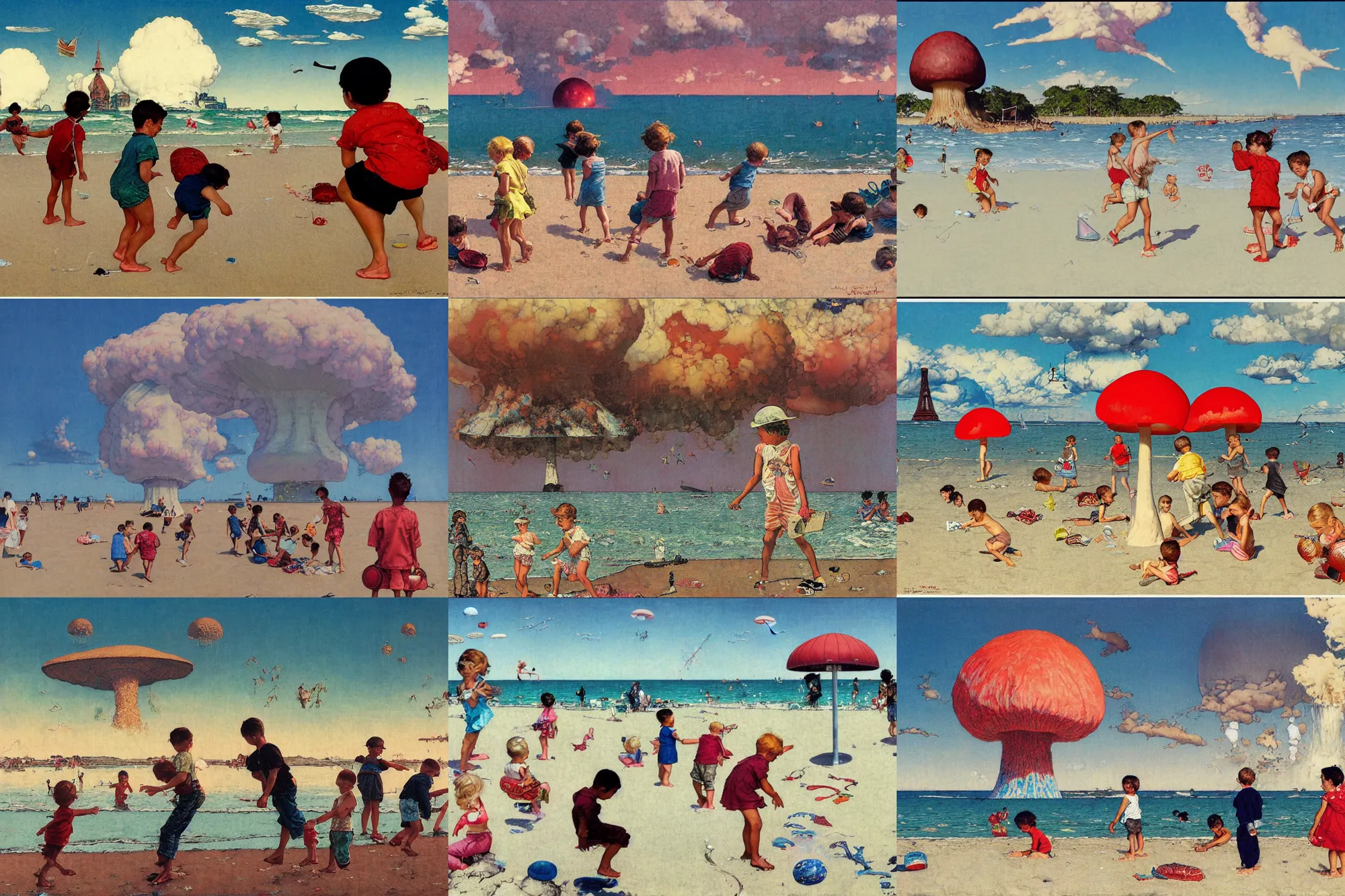 Prompt: kids playing at the beach, huge atomlc mushroom cloud in the background, wide angle lens, detailed, by norman rockwell, by victo ngai, by moebius, oil on canvas,