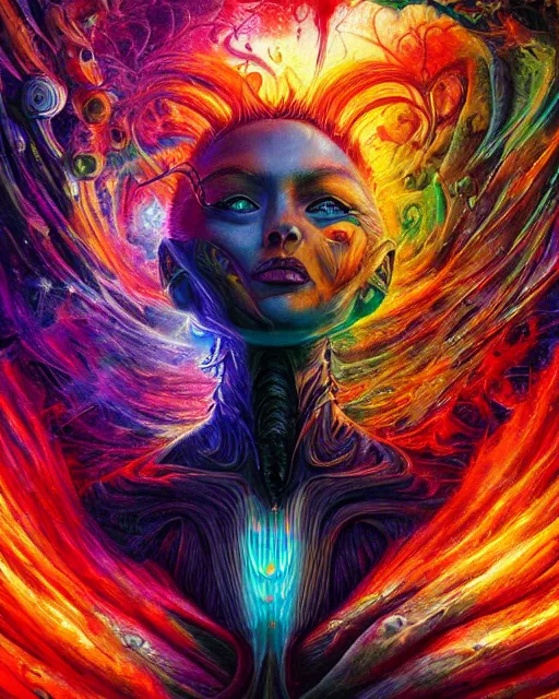 Prompt: rainbow fire, by antonio j. manzanedo, alex grey, android jones, wayne barlowe, philippe druillet, raymond swanland, cyril rolando, josephine wall, harumi hironaka, cronenburg, trending on artstation