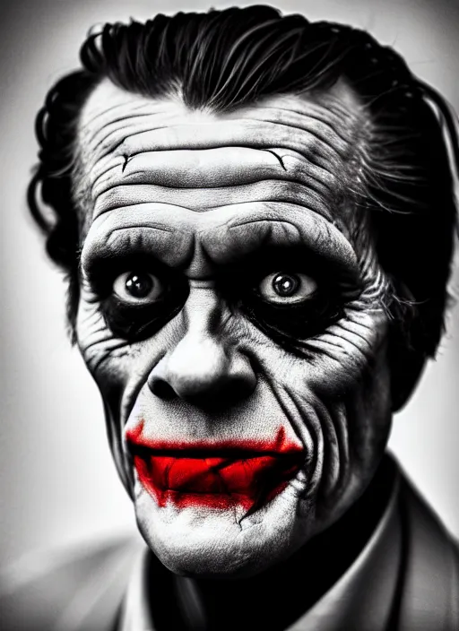 Prompt: photo of Willem Dafoe as the Joker by Lee Jeffries, detailed, award winning, Sony a7R, trending on artstation