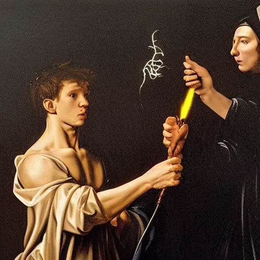 Prompt: Tom Holland wearing a black robe, holding a wand with electricity emitting from it. Painted by Caravaggio, high detail