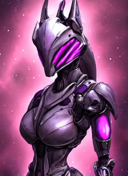 Image similar to cinematic bust shot, cosmic sized proportional stunning beautiful hot female warframe, detailed robot mecha female dragon head, metal ears purple eyes, sleek silver armor, fuschia skin, floating in empty space, nebula sized, posing elegantly, epic proportions, epic size, epic scale, furry art, dragon art, giantess art, warframe fanart, furaffinity, deviantart