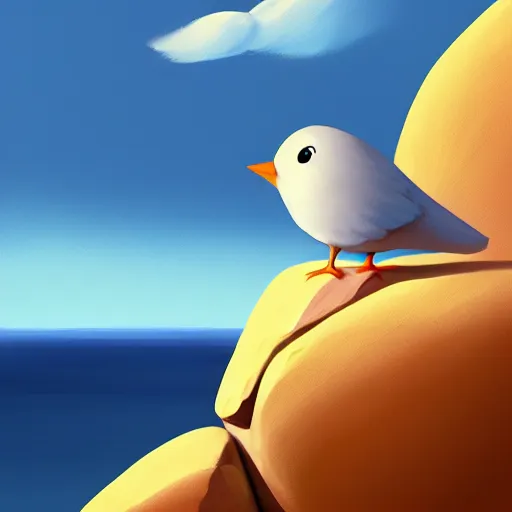 Prompt: goro fujita ilustration a cute little bird perched on a rock watching the ocean and the waves with their foam, the sky with fluffy clouds and makes a warm light, painting by goro fujita, sharp focus, highly detailed, artstation