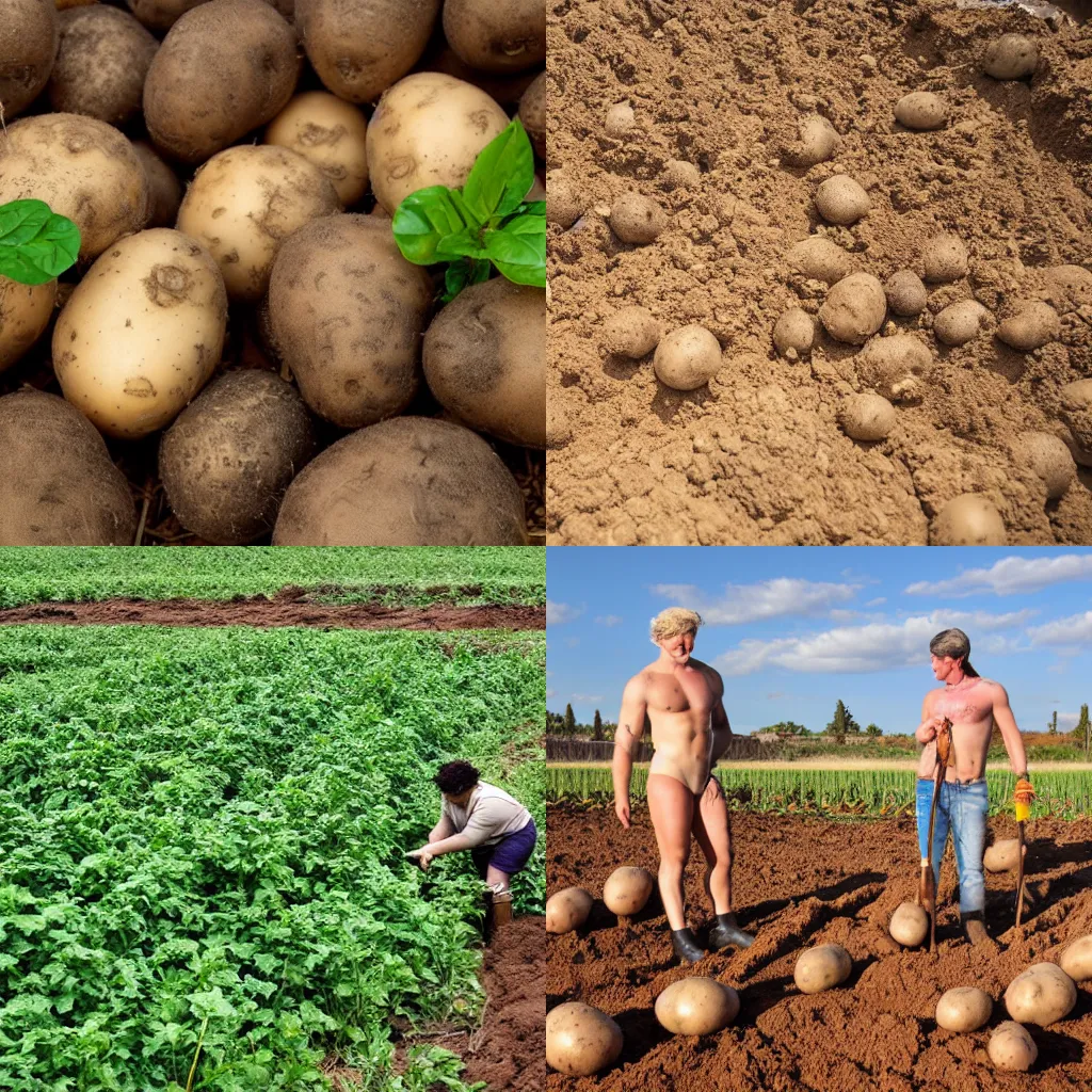Prompt: The Greek gods are working in the field, digging potatoes