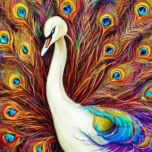 Prompt: beautiful white swan with long tail of peacock feathers detailed painting in the style of josephine wall 4 k