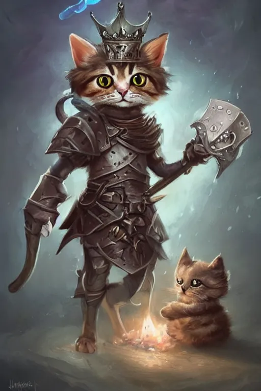 Image similar to cute little anthropomorphic cat knight wearing a cape and a crown, tiny, small, miniature cat , baby animal, short, pale blue armor, cute and adorable, pretty, beautiful, DnD character art portrait, matte fantasy painting, DeviantArt Artstation, by Jason Felix by Steve Argyle by Tyler Jacobson by Peter Mohrbacher, cinematic lighting