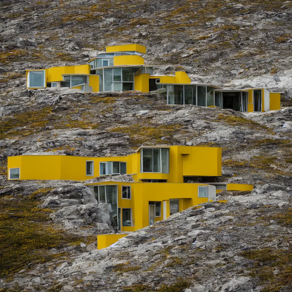 Image similar to a big mid-century modern house on top of a cliff in the arctic, designed by Frank Gehry, with a long gravel pathway towards it. Big tiles. Film grain, cinematic, yellow hue