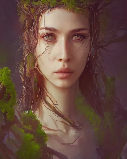 Prompt: Portrait Druid wood branch moss plants, artgerm, andrei riabovitchev, nuri iyem, james gurney, james jean, greg rutkowski, highly detailed, soft lighting 8k resolution