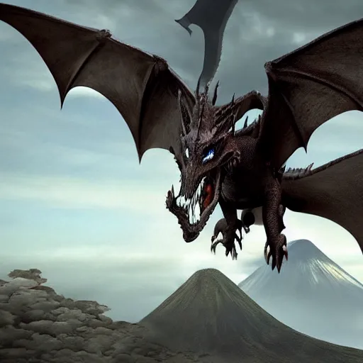 Prompt: 100 dragons in lotr style flying towards a giant active volcano, voldemort riding one of the dragons